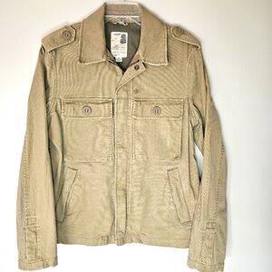 Men's Military Zip Up Button Jacket Distressed Size Small Khaki Tactical Chore